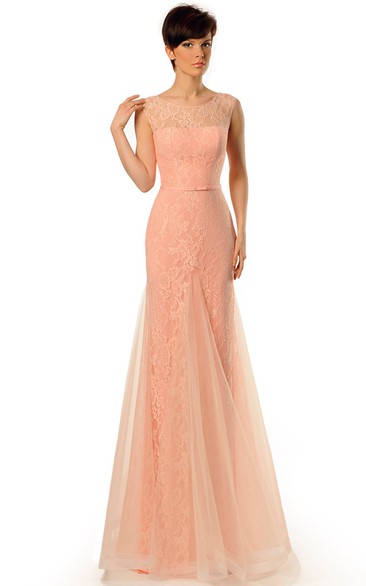 Sheath Long Scoop-Neck Sleeveless Tulle&Lace Prom Dress
