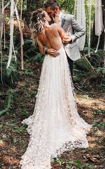 White Floral Applique Wedding Dress with Train