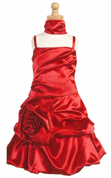 Cape Midi Floral Ruched Satin Flower Girl Dress With Ribbon