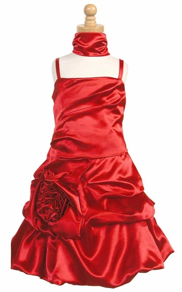 Cape Midi Floral Ruched Satin Flower Girl Dress With Ribbon