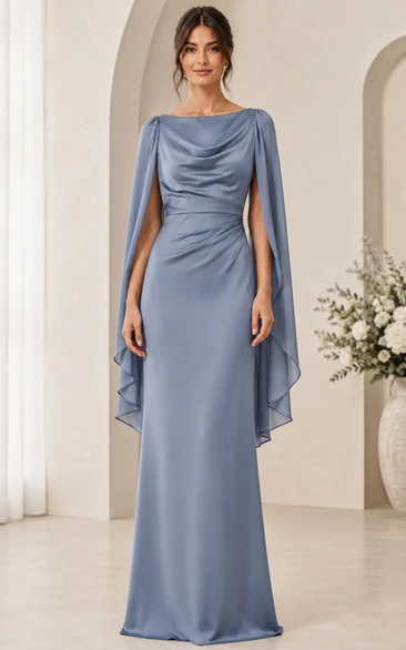 Steel Blue Cowl Neck Cape Sleeve Satin Sheath Dress