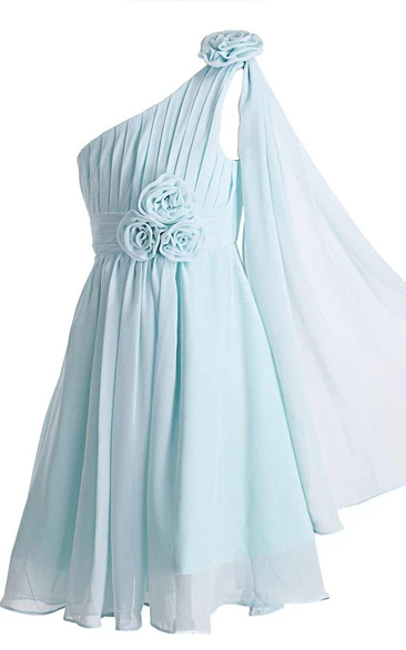 One-shoulder A-line Pleated Dress With Flowers