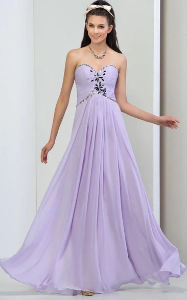 A-Line Sweetheart Pleats Beaded Long Prom Dress