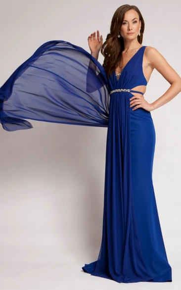 V-Neck Jeweled Sleeveless Chiffon Prom Dress With Ruching And Straps
