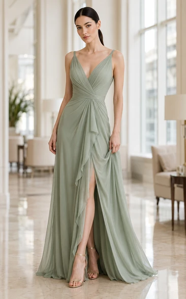 Robe de demoiselle d'honneur en mousseline de soie à fines bretelles et coupe trapèze, fente sur le devant, couleur sauge, idéale pour les demoiselles d'honneur et les événements formels.