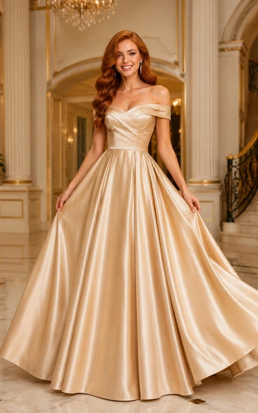 Vestido de gala color champán de satén con escote palabra de honor y cuello doblado.