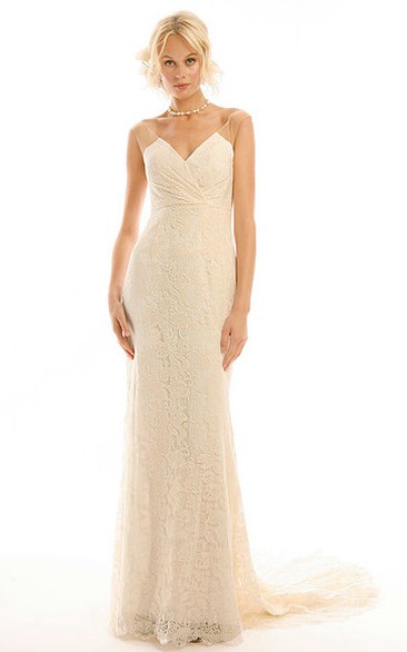 V-Neck Maxi Lace Wedding Dress With Court Train And V Back