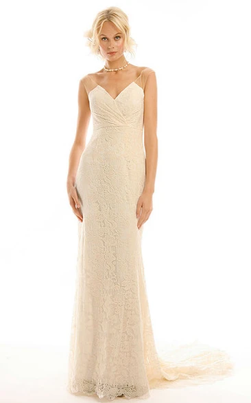 V-Neck Maxi Lace Wedding Dress With Court Train And V Back