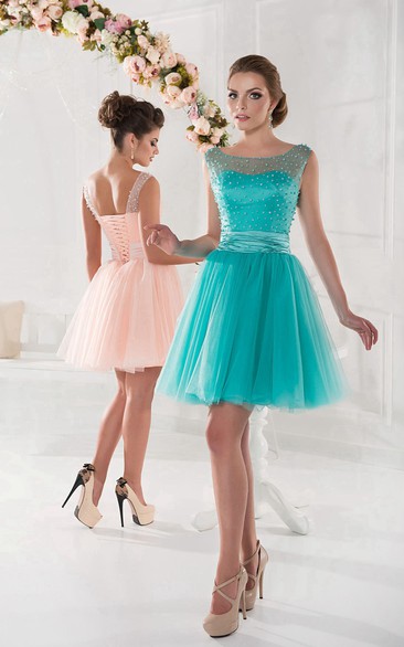 A-Line Short Jewel Sleeveless Tulle Pleats Lace-Up Dress