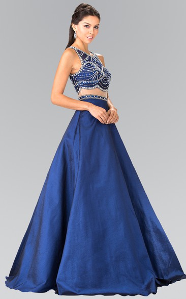 Two-Piece A-Line Scoop-Neck Sleeveless Satin Illusion Dress With Beading