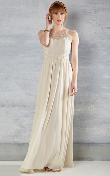 Scoop-Neck Pleated Sleeveless Chiffon Wedding Dress With Beading And Illusion