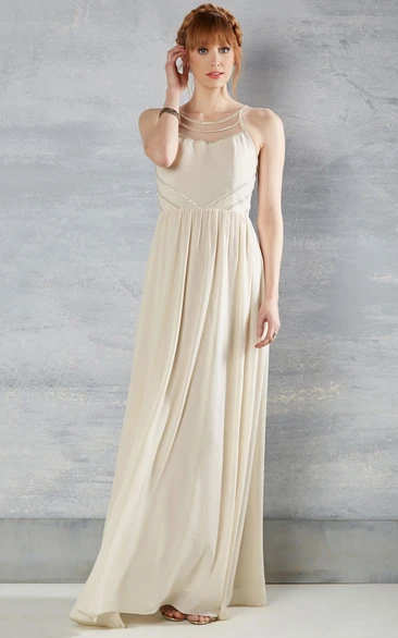 Scoop-Neck Pleated Sleeveless Chiffon Wedding Dress With Beading And Illusion
