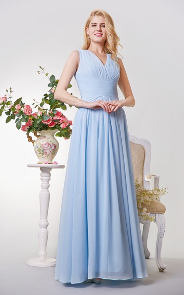 V-neck Ruched and Pleated A-line Long Chiffon Dress