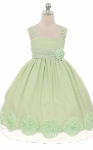 Tea-Length Floral Floral Pleated Empire Flower Girl Dress With Sash
