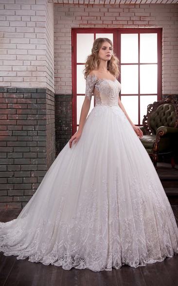 Ball Gown Long Off-The-Shoulder Short-Sleeve Illusion Lace Dress With Appliques And Pleats