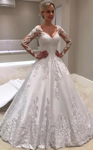 Elegant V-neck Ball Gown Court Train Satin Long Sleeve Wedding Dress with Appliques