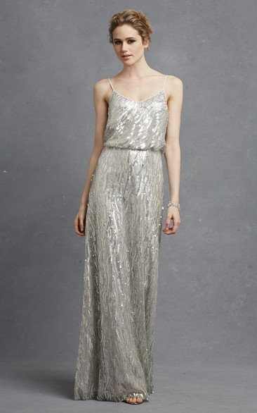 Sequined Chic Long A-Line Dress With Spaghetti Straps