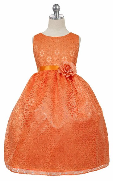 Midi Bowed Floral Tulle&Lace Flower Girl Dress With Ribbon