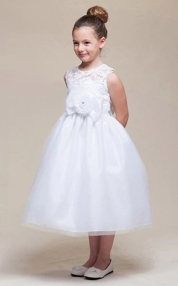 Tea-Length Bowed Empire Floral Tulle&Lace Flower Girl Dress With Sash