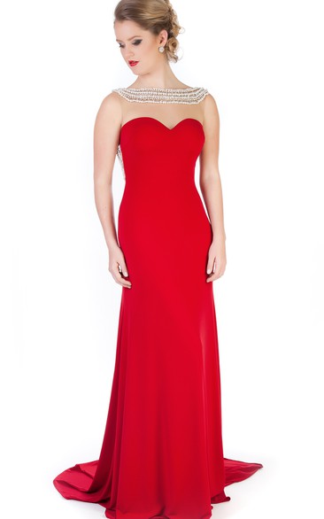 Sheath Floor-Length Bateau-Neck Sleeveless Beaded Jersey Evening Dress