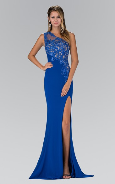 Sheath Long One-Shoulder Sleeveless Jersey Dress With Split Front And Appliques
