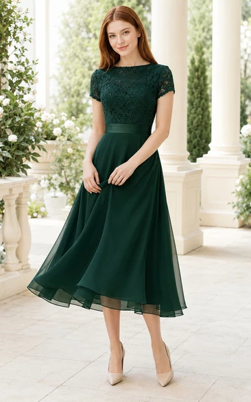 Dunkelgrünes Chiffon-Gästekleid mit Spitzenoberteil und kurzen Ärmeln, wadenlang