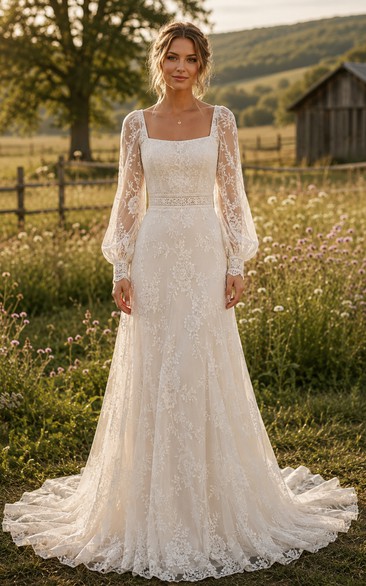 Square Neck Long Sleeve A-Line Lace Country Wedding Dress with Train