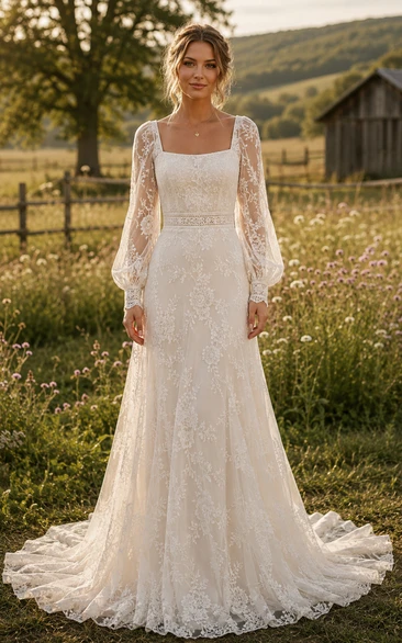 Square Neck Long Sleeve A-Line Lace Country Wedding Dress with Train