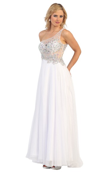 A-Line Long One-Shoulder Sleeveless Illusion Dress With Beading And Pleats