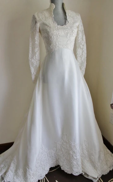 Long Sleeve Lace and Satin Dress With Queen Anne Neckline