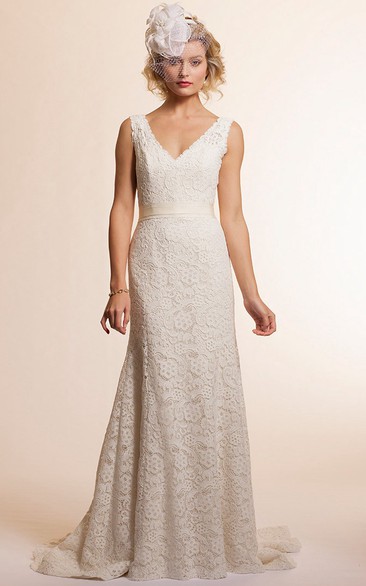 Sheath V-Neck Long-Sleeveless Lace Simple Wedding Dress With V Back