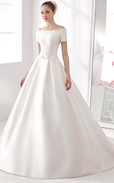 Off-Shoulder A-Line Satin Wedding Dress With Beaded Details And Little Bow Sash