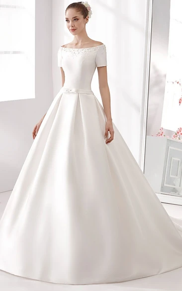 Off-Shoulder A-Line Satin Wedding Dress With Beaded Details And Little Bow Sash