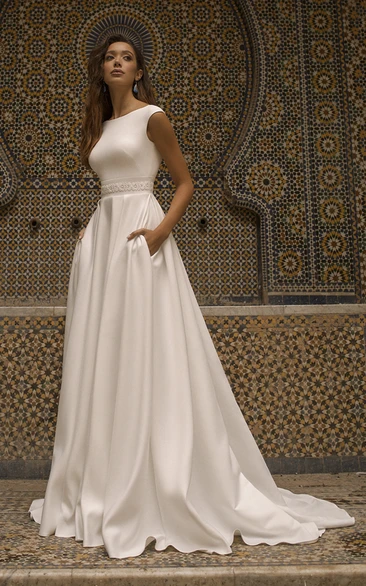 Cap Sleeve Bateau Neckline With Elegant Satin Simple Wedding Dress With V-back And Sash Details