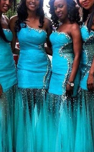 Glamorous Tulle Mermaid Bridesmaid Dress Sequins One Shoulder