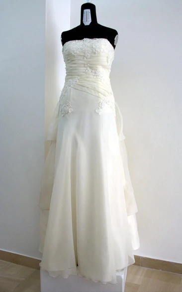 Strapless A-Line Organza Dress With Lace Appliques and Ruffles