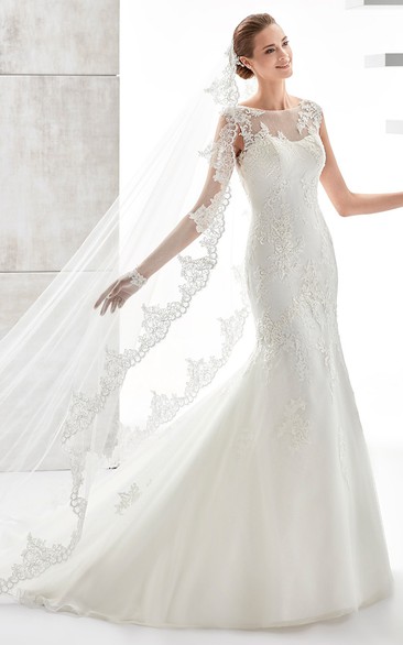 Jewel-Neck Cap-Sleeve Mermaid Wedding Dress With Illusive Design And Appliques