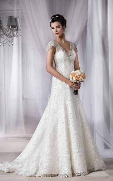 Cap-Sleeved V-Neck Appliqued Wedding Dress With Scoop Back
