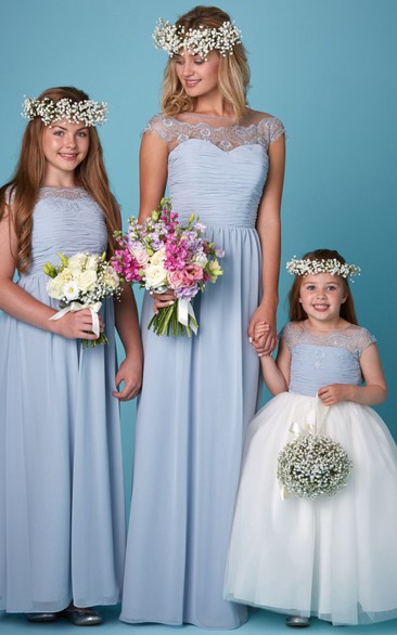 Sheath Jewel Neck Short Sleeve Ruched Chiffon Bridesmaid Dress With Appliques