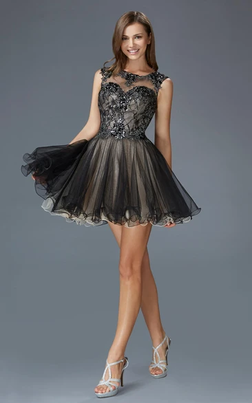 A-Line Short Bateau Sleeveless Tulle Keyhole Dress With Lace And Appliques
