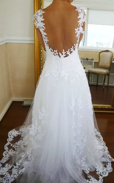 Cap Sleeve V Neck A-line Long Lace Bride Dress