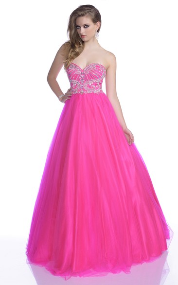 A-Line Tulle Sleeveless Sweetheart Gown With Crystal Detailed Bodice