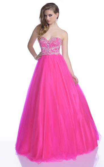 A-Line Tulle Sleeveless Sweetheart Gown With Crystal Detailed Bodice