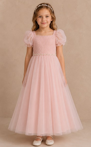 A-line Floor Length Puff Sleeve Tulle Flower Girl Dress with Pink puff sleeves with a lightly beaded waist