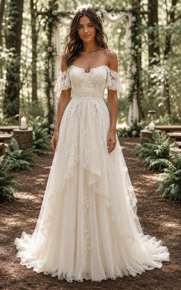 Boho Princess A-Line Wedding Dress Off Shoulder Sweetheart Tulle Lace Applique Ruffle Floor Length Chapel Train Ivory