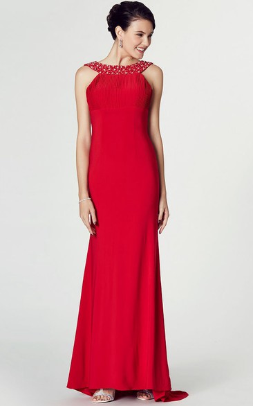 High-Low Beaded Scoop Neck Sleeveless Jersey Prom Dress With Brush Train