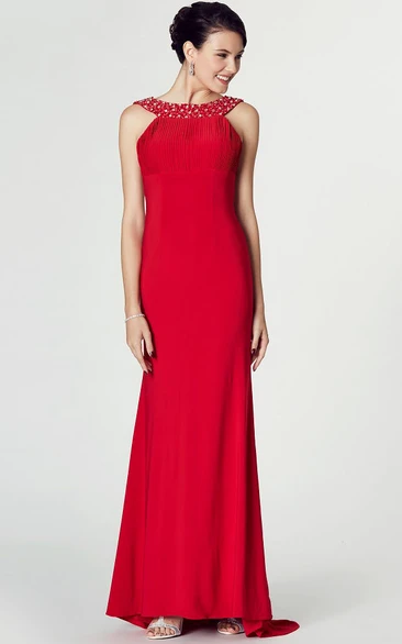 High-Low Beaded Scoop Neck Sleeveless Jersey Prom Dress With Brush Train