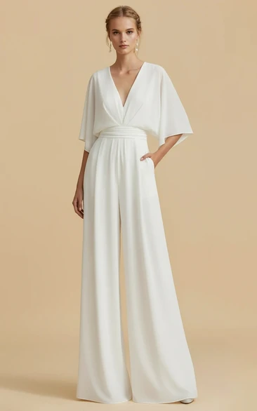 Deep V Neck Loose Sleeve Cinched Waist Flowy Wide Leg Wedding Jumpsuit