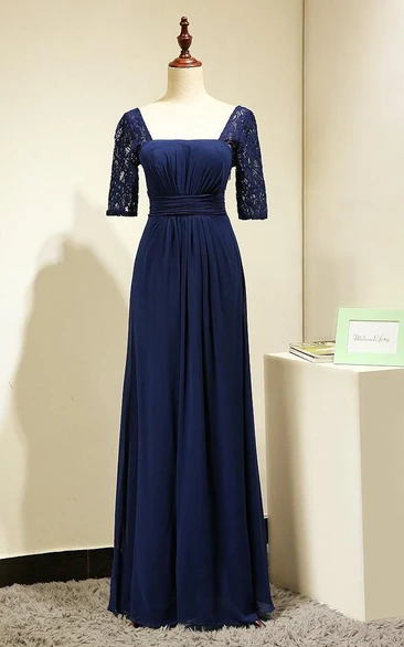 Backless Lace Half Sleeve Pleated A-line Chiffon Long Dress Royal Blue
