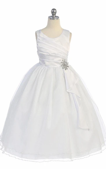 Broach Tea-Length Pleated Satin Flower Girl Dress With Ruffles